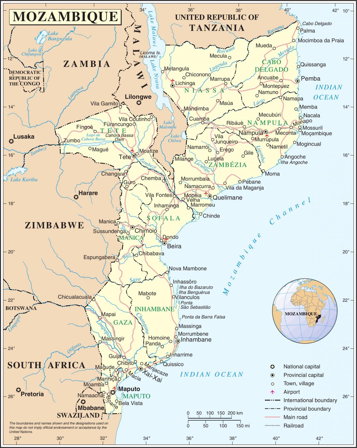 हवाई अड्डों मोजाम्बिक में एक नक्शे पर